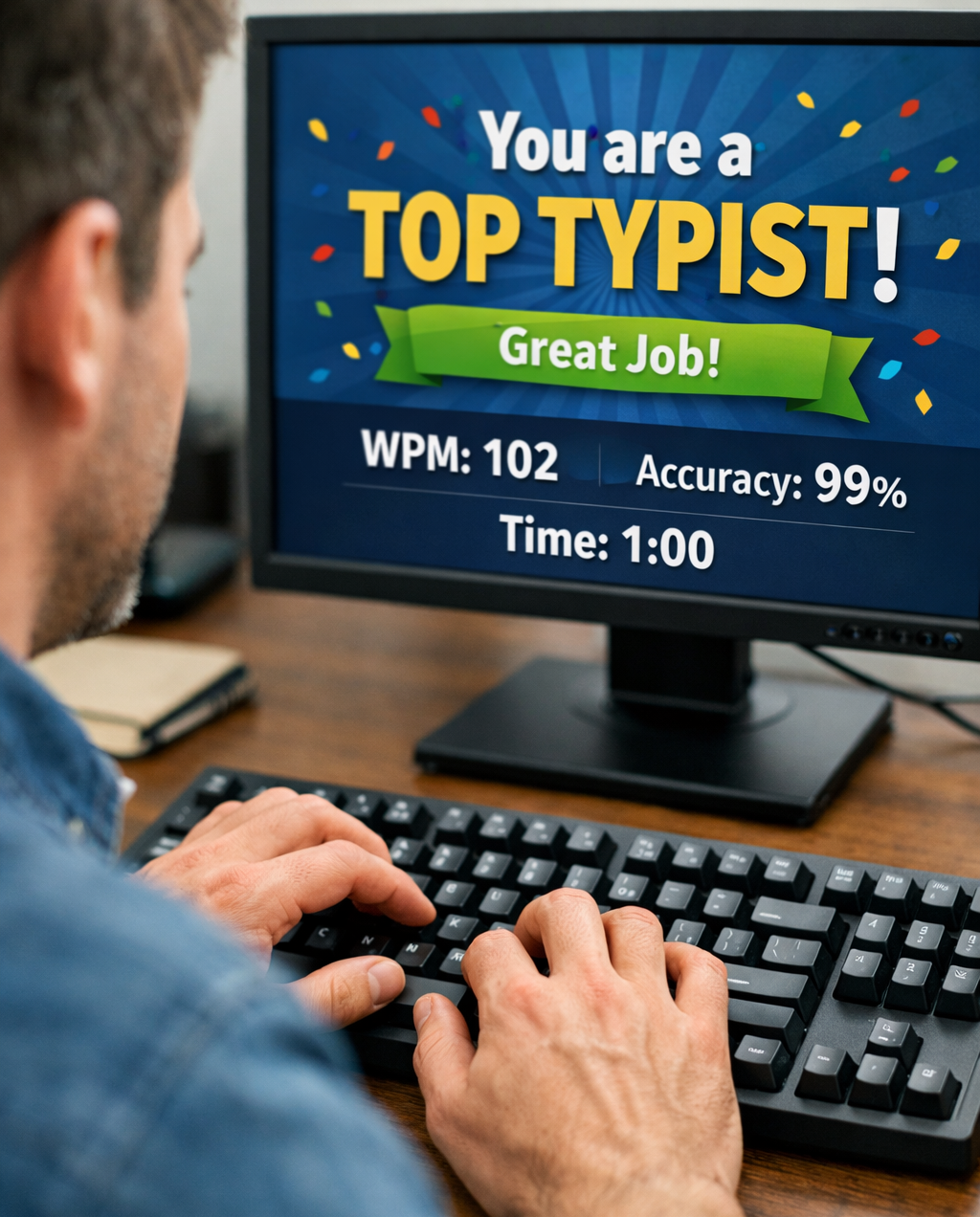 Typing speed test showing WPM results on screen